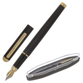 Ручка подарочная перьевая BRAUBERG "Maestro", СИНЯЯ, корпус черный с золотистыми деталями, 143471 Индия