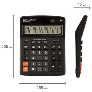 Калькулятор настольный BRAUBERG EXTRA-14-BK (206x155 мм), 14 разрядов, двойное питание, ЧЕРНЫЙ, 250474 Китай