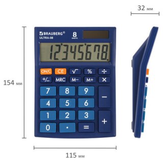 Калькулятор настольный BRAUBERG ULTRA-08-BU, КОМПАКТНЫЙ (154x115 мм), 8 разрядов, двойное питание, СИНИЙ, 250508 Китай