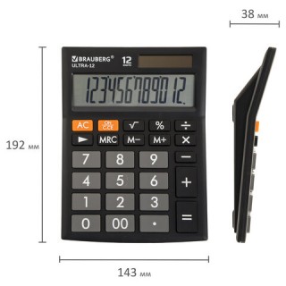 Калькулятор настольный BRAUBERG ULTRA-12-BK (192x143 мм), 12 разрядов, двойное питание, ЧЕРНЫЙ, 250491 Китай