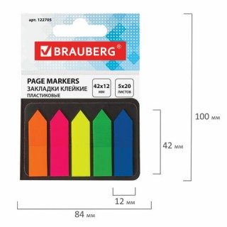 Закладки клейкие неоновые BRAUBERG, 42х12 мм, 100 штук (5 цветов х 20 листов), в картонной книжке, 122705 Китай