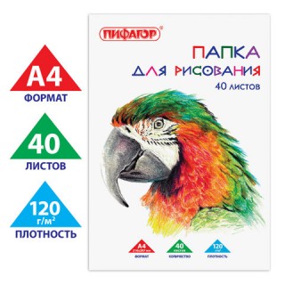 Папка для рисования, А4, 40 л., 120 г/м2, ПИФАГОР, 210х297 мм, "Попугай", 129222 Россия