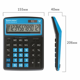 Калькулятор настольный BRAUBERG EXTRA COLOR-12-BKBU (206x155 мм), 12 разрядов, двойное питание, ЧЕРНО-ГОЛУБОЙ, 250476 Китай
