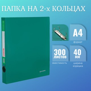 Папка на 2 кольцах BRAUBERG "Стандарт", 40 мм, зеленая, до 300 листов, 0,9 мм, 270481 Россия