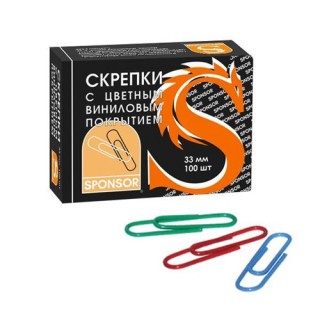 Скрепки цветные, 33 мм, с виниловым покрытием, 100 шт. арт.SPC33C, Китай