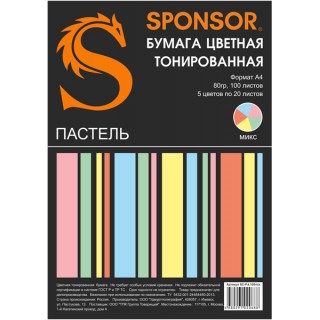 Бумага цв. тонированная SPONSOR А4, 80гр, 100 л, п астель, 5 цв. по 20л. арт.SC-P.4.100mix, Россия