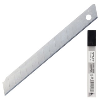 Лезвия для ножей 9 мм КОМПЛЕКТ 10 ШТ., толщина лезвия 0,38 мм, в пластиковом пенале, STAFF 