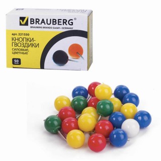 Силовые кнопки-гвоздики BRAUBERG, цветные (шарики), 50 шт., в картонной коробке, 221550, Китай