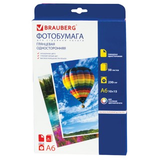Фотобумага 10х15 см, 230 г/м2, 50 листов, односторонняя, глянцевая, BRAUBERG, 362870, Китай