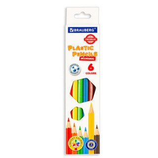 Карандаши цветные пластиковые BRAUBERG PREMIUM, 6 цветов, шестигранные, грифель мягкий 3 мм, 181665, Китай