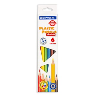 Карандаши цветные пластиковые BRAUBERG PREMIUM, 6 цветов, трехгранные, грифель мягкий 3 мм, 181660, Китай