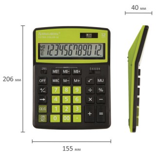 Калькулятор настольный BRAUBERG EXTRA COLOR-12-BKLG (206x155 мм), 12 разрядов, двойное питание, ЧЕРНО-САЛАТОВЫЙ, 250477, Китай