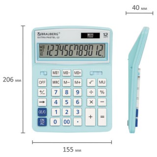 Калькулятор настольный BRAUBERG EXTRA PASTEL-12-LB (206x155 мм), 12 разрядов, двойное питание, ГОЛУБОЙ, 250486, Китай