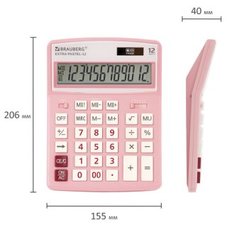 Калькулятор настольный BRAUBERG EXTRA PASTEL-12-PK (206x155 мм), 12 разрядов, двойное питание, РОЗОВЫЙ, 250487, Китай
