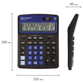 Калькулятор настольный BRAUBERG EXTRA-12-BKBU (206x155 мм), 12 разрядов, двойное питание, ЧЕРНО-СИНИЙ, 250472 Китай