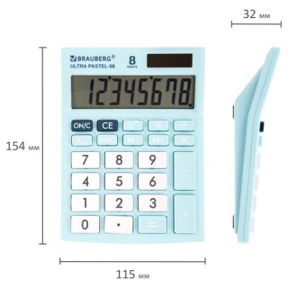 Калькулятор настольный BRAUBERG ULTRA PASTEL-08-LB, КОМПАКТНЫЙ (154x115 мм), 8 разрядов, двойное питание, ГОЛУБОЙ, 250513, Китай