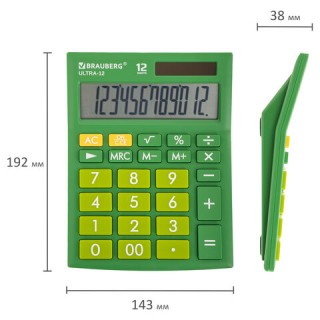 Калькулятор настольный BRAUBERG ULTRA-12-GN (192x143 мм), 12 разрядов, двойное питание, ЗЕЛЕНЫЙ, 250493, Китай