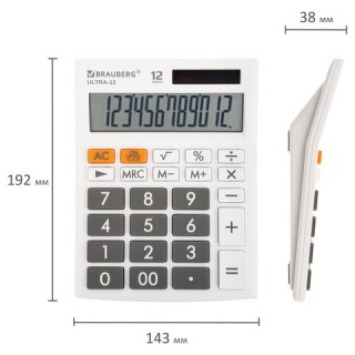 Калькулятор настольный BRAUBERG ULTRA-12-WT (192x143 мм), 12 разрядов, двойное питание, БЕЛЫЙ, 250496, Китай