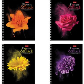 Тетрадь А5, 96 л., HATBER, гребень, клетка, обложка картон, "FlowerOnblack" (4 вида в спайке), 96Т5В1гр, Россия