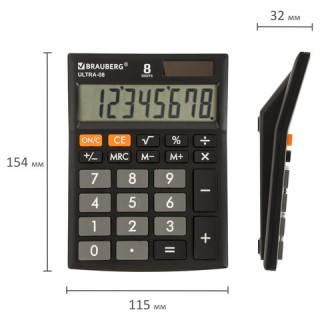 Калькулятор настольный BRAUBERG ULTRA-08-BK, КОМПАКТНЫЙ (154x115 мм), 8 разрядов, двойное питание, ЧЕРНЫЙ, 250507 Китай