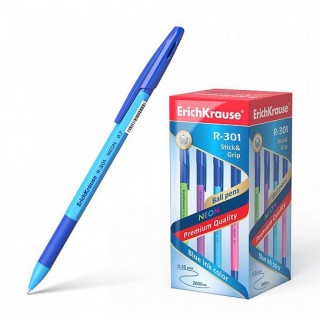 Ручка шарик. ErichKrause STICK&CRIP R-301 синий 0,7 мм голуб. шестигран. корп. грип 42751. Китай