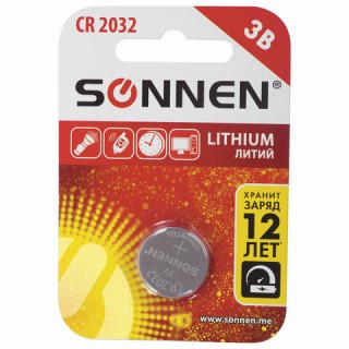 Батарейка SONNEN Lithium, CR2032, литиевая, 1 шт., в блистере, 451974 Китай