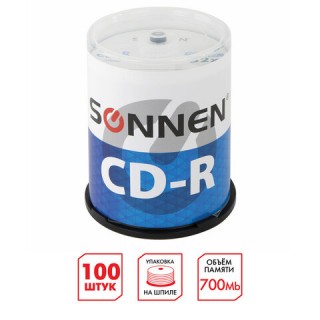 Диски CD-R SONNEN, 700 Mb, 52x, Cake Box (упаковка на шпиле) КОМПЛЕКТ 100 шт., 513533 Вьетнам