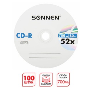 Диски CD-R SONNEN, 700 Mb, 52x, Cake Box (упаковка на шпиле) КОМПЛЕКТ 100 шт., 513533 Вьетнам