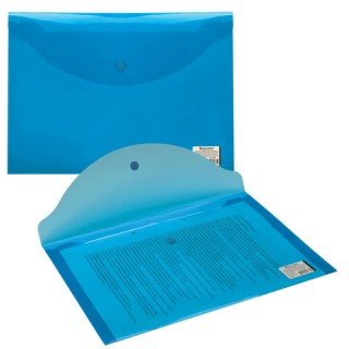 Папка-конверт с кнопкой BRAUBERG, А4, до 100 листов, прозрачная, синяя, 0,15 мм, 221637 Россия