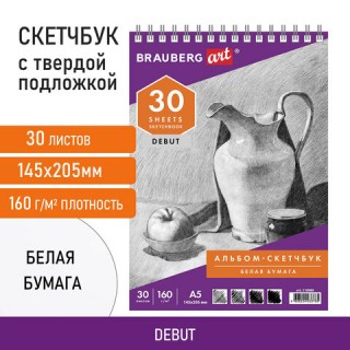 Скетчбук, белая бумага 160 г/м2, 145х205 мм, 30 л., гребень, жЈсткая подложка, BRAUBERG ART DEBUT, 110989 Россия