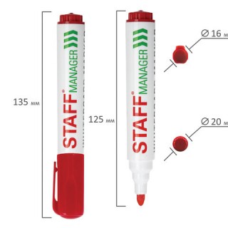 Маркер стираемый для белой доски КРАСНЫЙ, STAFF "Manager" WBM-491, 5 мм, с клипом, 151493 Китай