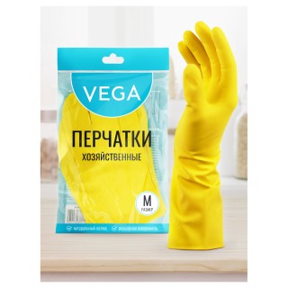 Перчатки резиновые хозяйственные Vega, многоразовые, хлопчатобумажное напыление, р. M, желтые, пакет с европодвесом 299046 Китай