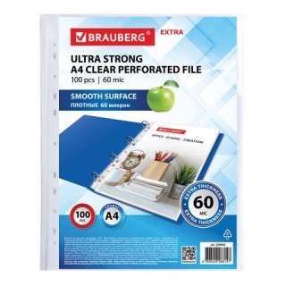 Папки-файлы перфорированные плотные А4 BRAUBERG "ГЛЯНЦЕВЫЕ EXTRA 600" КОМПЛЕКТ 100 шт., ПЛОТНЫЕ, 60 мкм, 229665 Китай