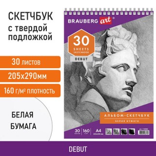 Скетчбук, белая бумага 160 г/м2, 205х290 мм, 30 л., гребень, жЈсткая подложка, BRAUBERG ART DEBUT, 110985 Россия