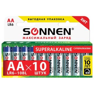 Батарейки КОМПЛЕКТ 10 шт., SONNEN Super Alkaline, АА (LR6,15А), алкалиновые, пальчиковые, в коробке, 454231, Китай
