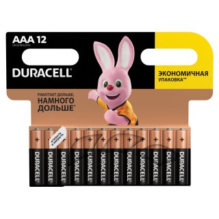 Батарейки КОМПЛЕКТ 12 шт., DURACELL Basic ОРИГИНАЛ, AAA (LR03, 24А), алкалиновые, мизинчиковые, Бельгия