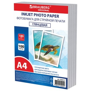 Фотобумага глянцевая, А4, 180 г/м2, односторонняя, 100 листов, ПАКЕТ, BRAUBERG ORIGINAL, 364417, Китай