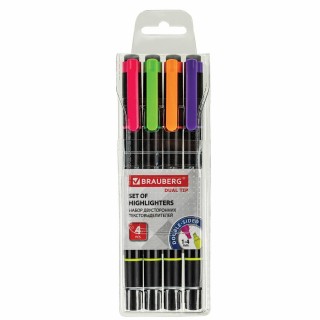 Набор текстовыделителей двусторонних BRAUBERG DUAL TIP 4 шт., АССОРТИ, линия 1-4 мм, 150845, Китай