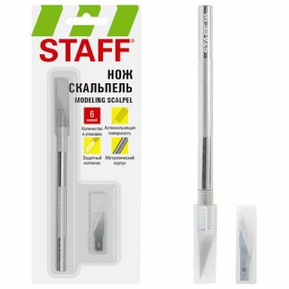 Нож макетный (скальпель) STAFF, 6 лезвий в комплекте, металлический корпус, блистер, 238258, Китай