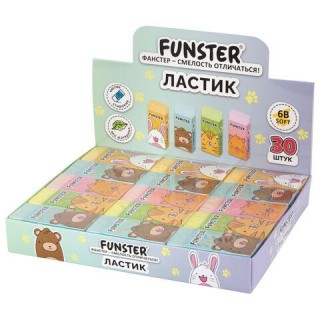 Ластик FUNSTER (ФАНСТЕР) "ANIMALS", 50х24х10 мм, прямоугольный, картонный держатель, экологичный ПВХ, ассорти, 272730, Китай