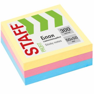 Блок самоклеящийся (стикеры) STAFF, 50х50 мм, 300 листов, 3 цвета, 127145, Китай