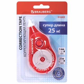 Корректирующая лента BRAUBERG MAXI PLUS, 5 мм х 25 м, механизм перемотки, корпус красный, блистер, 272501, Китай
