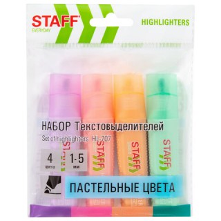 Набор текстовыделителей 4 ПАСТЕЛЬНЫХ ЦВЕТА, STAFF "EVERYDAY HL-707", линия 1-5 мм, скошенный наконечник, 152549, Китай