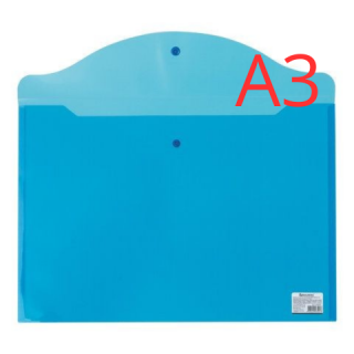 Папка-конверт с кнопкой БОЛЬШОГО ФОРМАТА (305х435 мм), А3, прозрачная, синяя, 0,18 мм, BRAUBERG, 224034 Россия