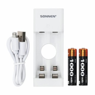 Зарядное устройство с аккумуляторами 2 шт. AAA (HR03), 1000 mAh, SONNEN BC2, в блистере, 455004, Китай