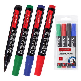 Маркеры перманентные BRAUBERG "Contract", НАБОР 4 ЦВЕТА, круглый наконечник 3 мм, 150474 Китай
