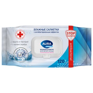 Салфетки влажные 120 шт., AURA Family, антибактериальные, для всей семьи, крышка клапан, 92342, 14622 Россия