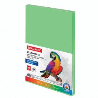 Бумага цветная BRAUBERG, А4, 80 г/м2, 100 л., интенсив, зеленая, для офисной техники, 112451, Россия