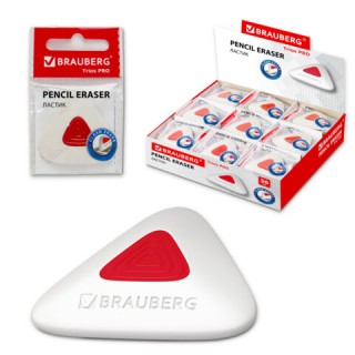 Ластик BRAUBERG "Trios PRO", 36х36х9 мм, белый, треугольный, красный пластиковый держатель, 229559, Китай