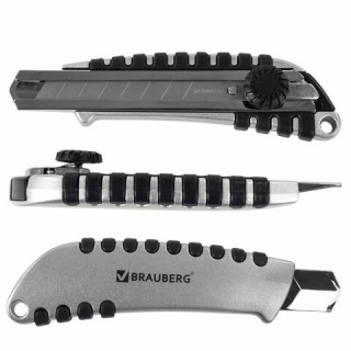 Нож канцелярский 18 мм BRAUBERG "Metallic", роликовый фиксатор, резиновые вставки, металл, 237159, Китай
